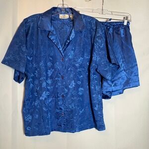 Vintage 80's Women's Blue Floral Satin Pajama Set Top Shorts Size M Lingerie
